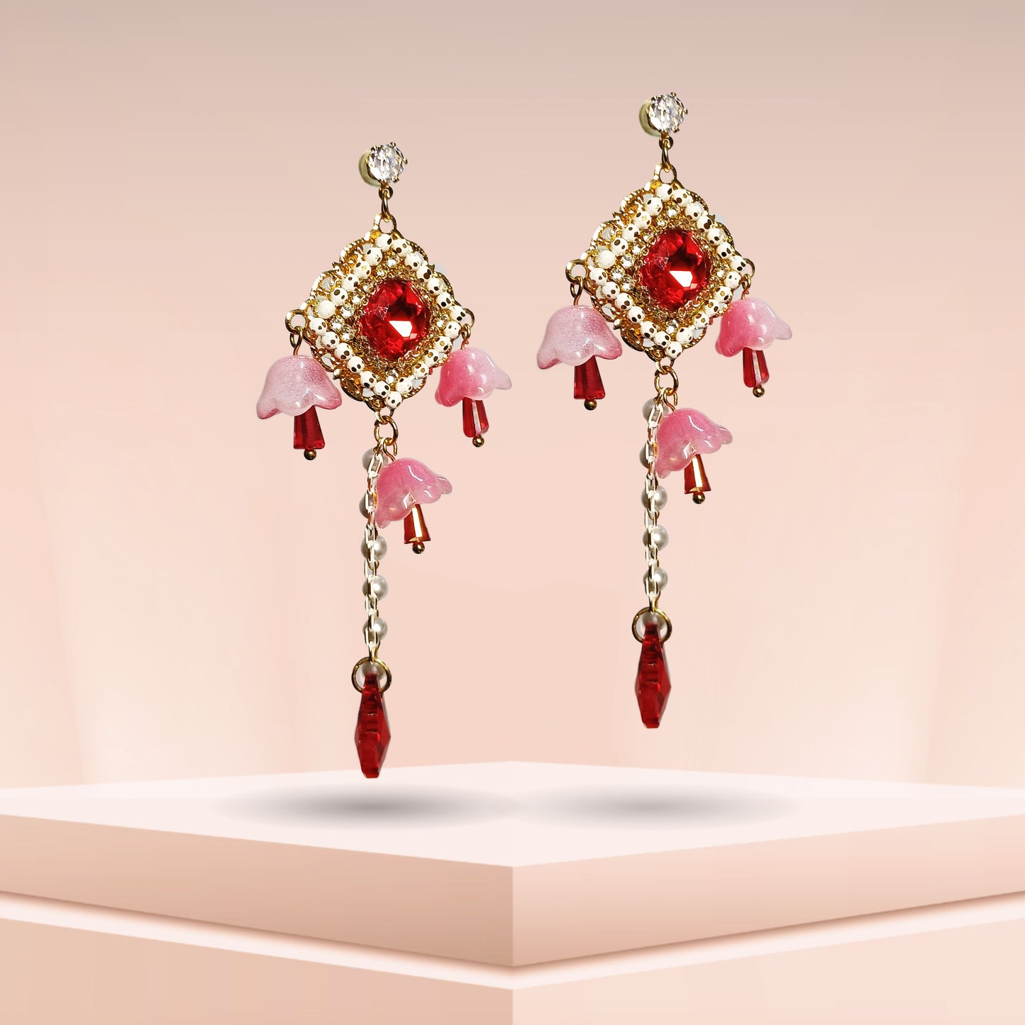 Red Stone Korean Long Earrings