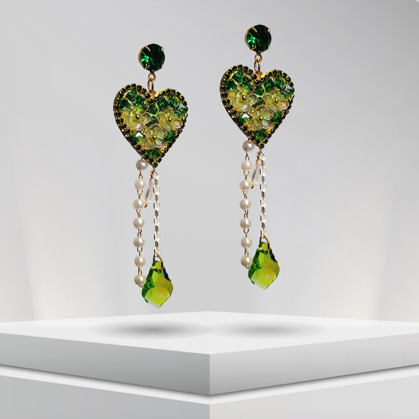 Green Crystal Heart Shaped Long Earrings