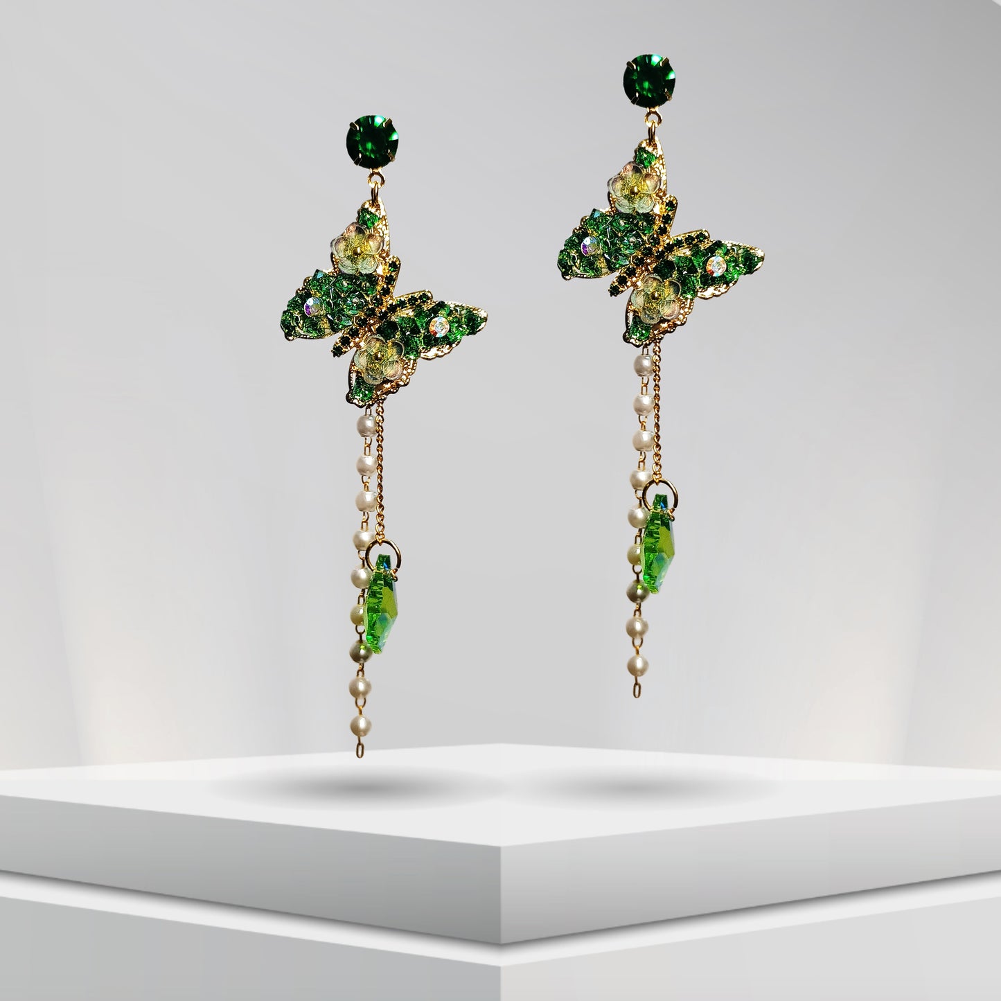 Green Crystal Butterfly Long Earrings