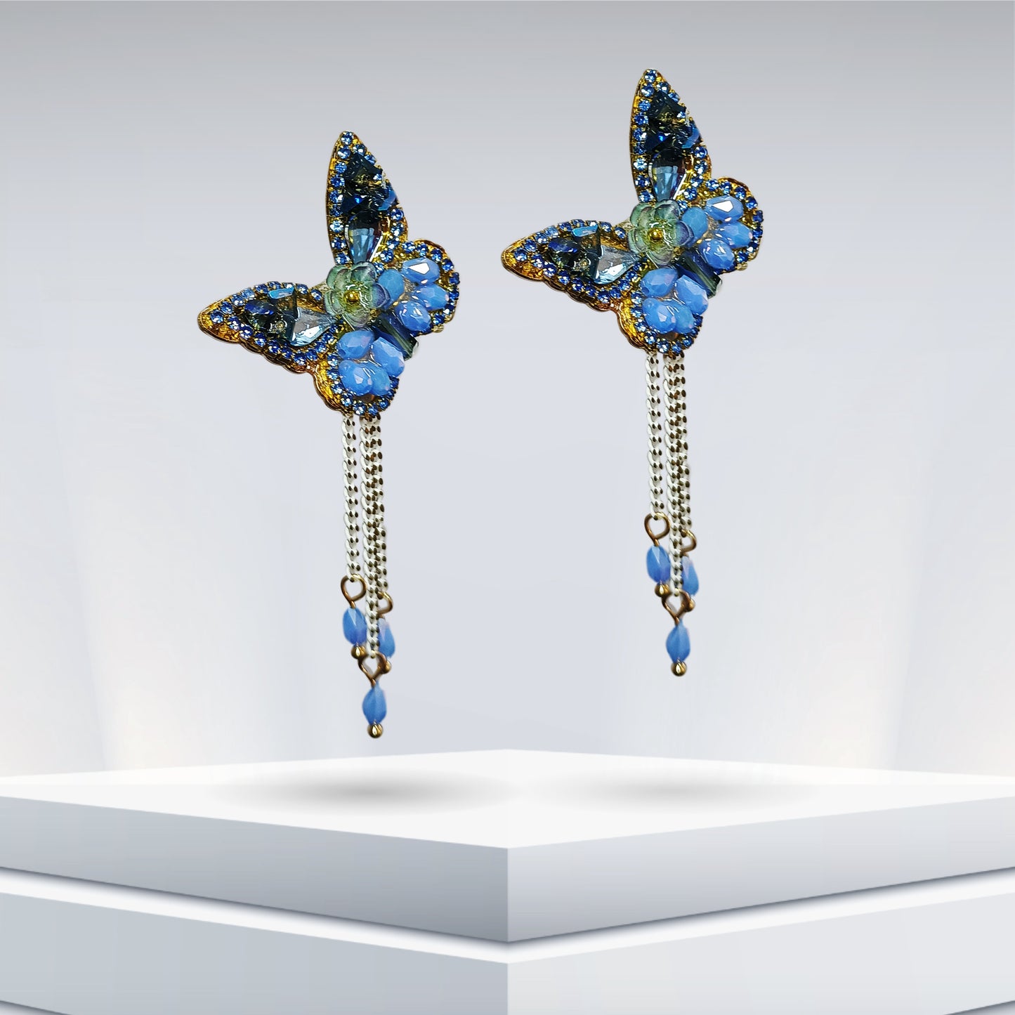 Blue Stone Butterfly Long Earrings
