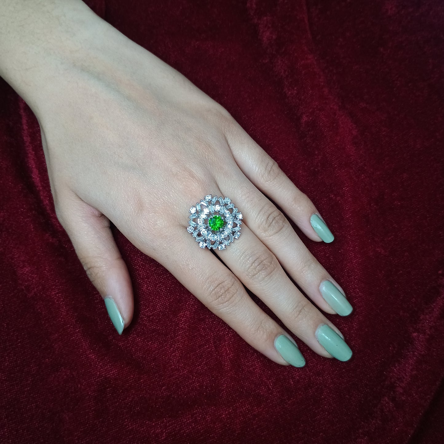 Green Stone AD Silver Plated Ring