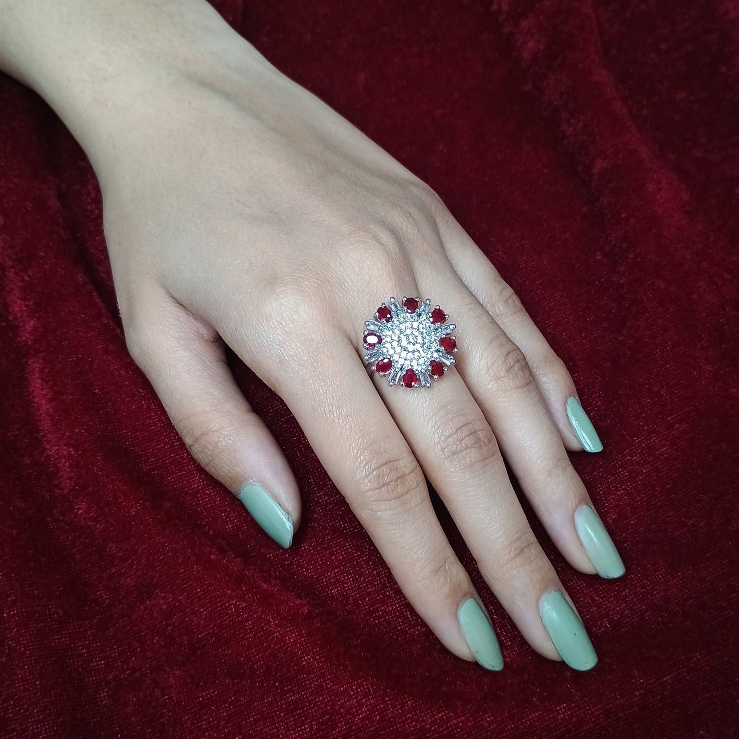 Red Stone AD Silver Plated Ring