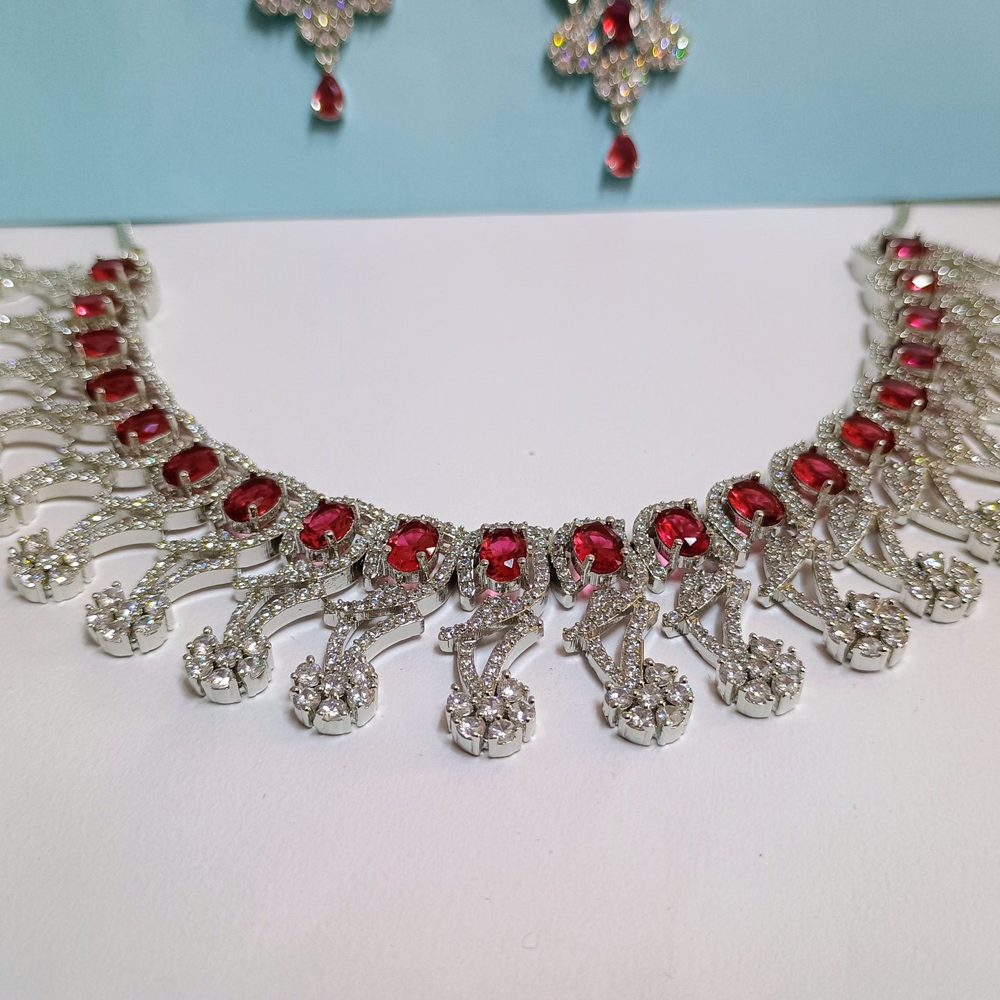 Red Pearls Silver Plated American Diamond Set