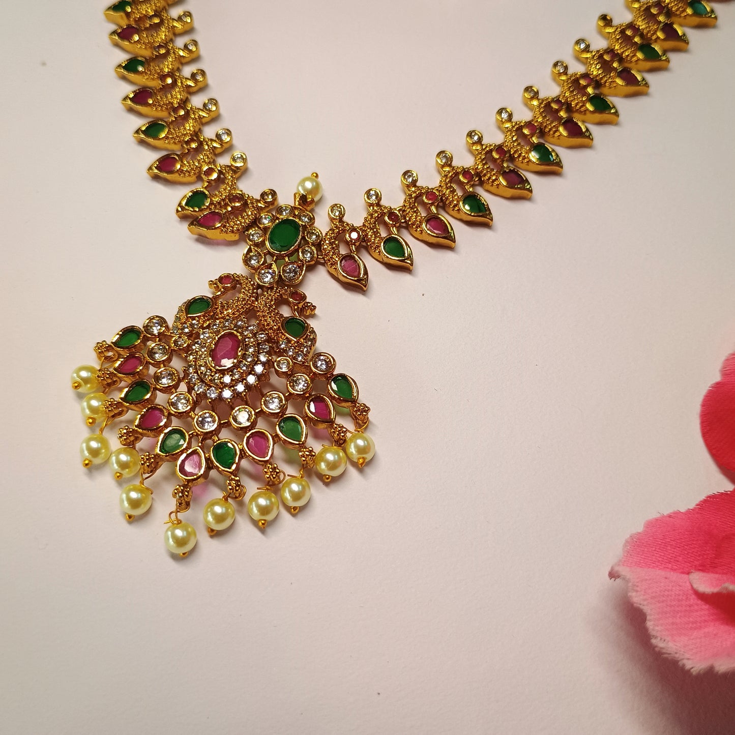 Red-Green Gold Plated Traditional Necklace Set