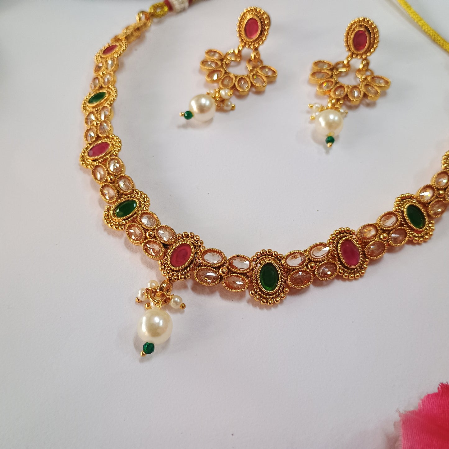 Red Green Gold Plated Traditional Necklace Set
