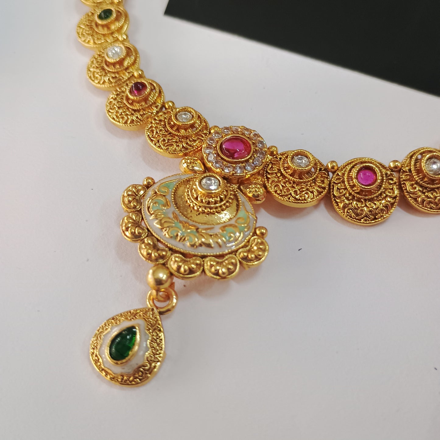 Red Green Gold Plated Traditional Necklace Set