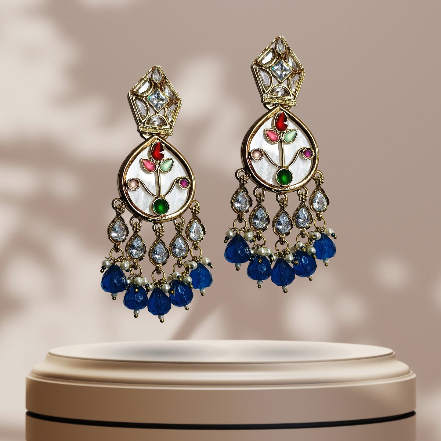 Gold Plated Blue Kundan Traditional Earrings