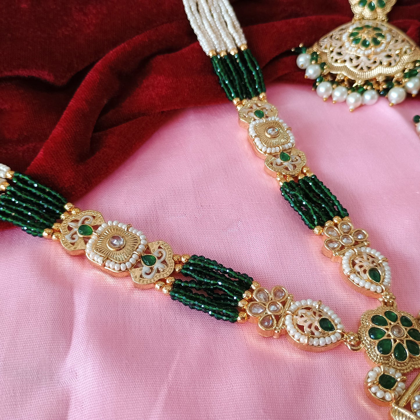 Gold Plated Green Rajwadi Long Necklace Set