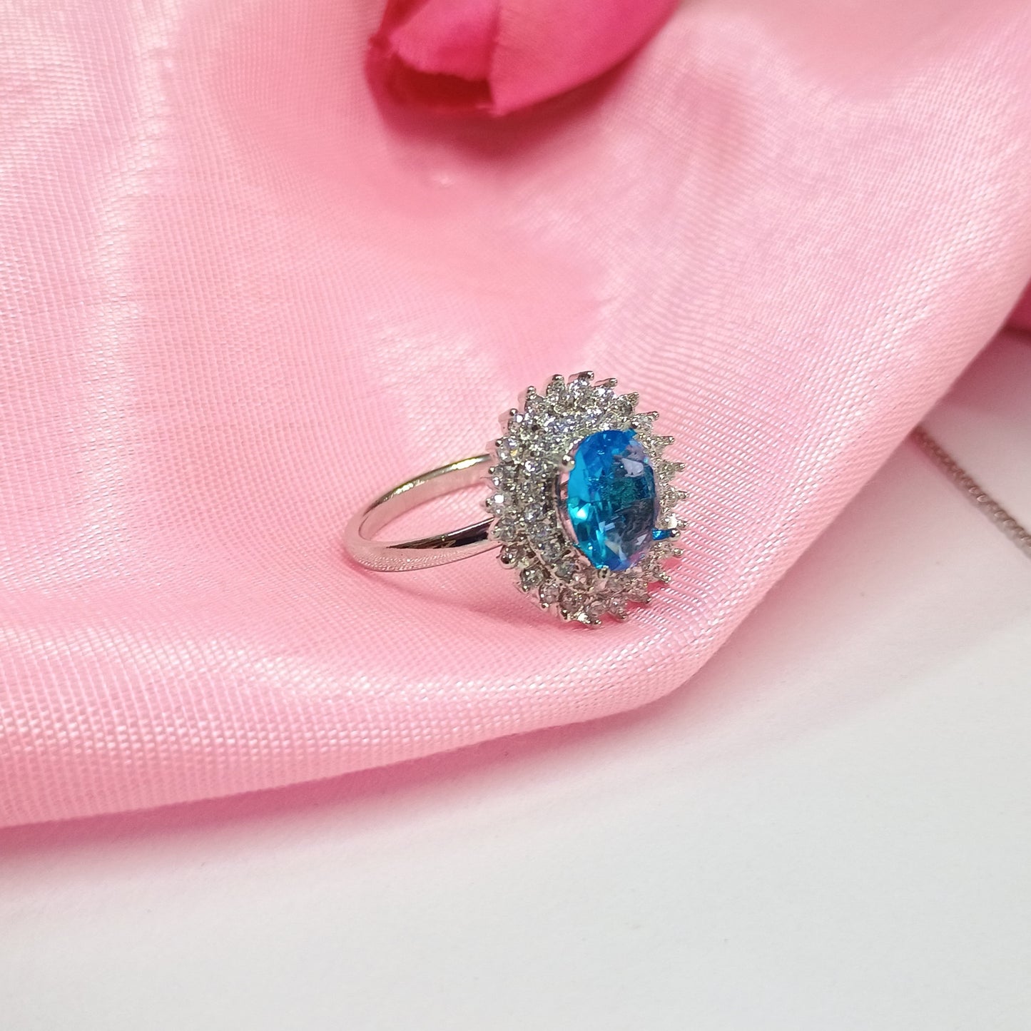 Blue Crystal Silver Plated AD Pendent With Earrings and Ring