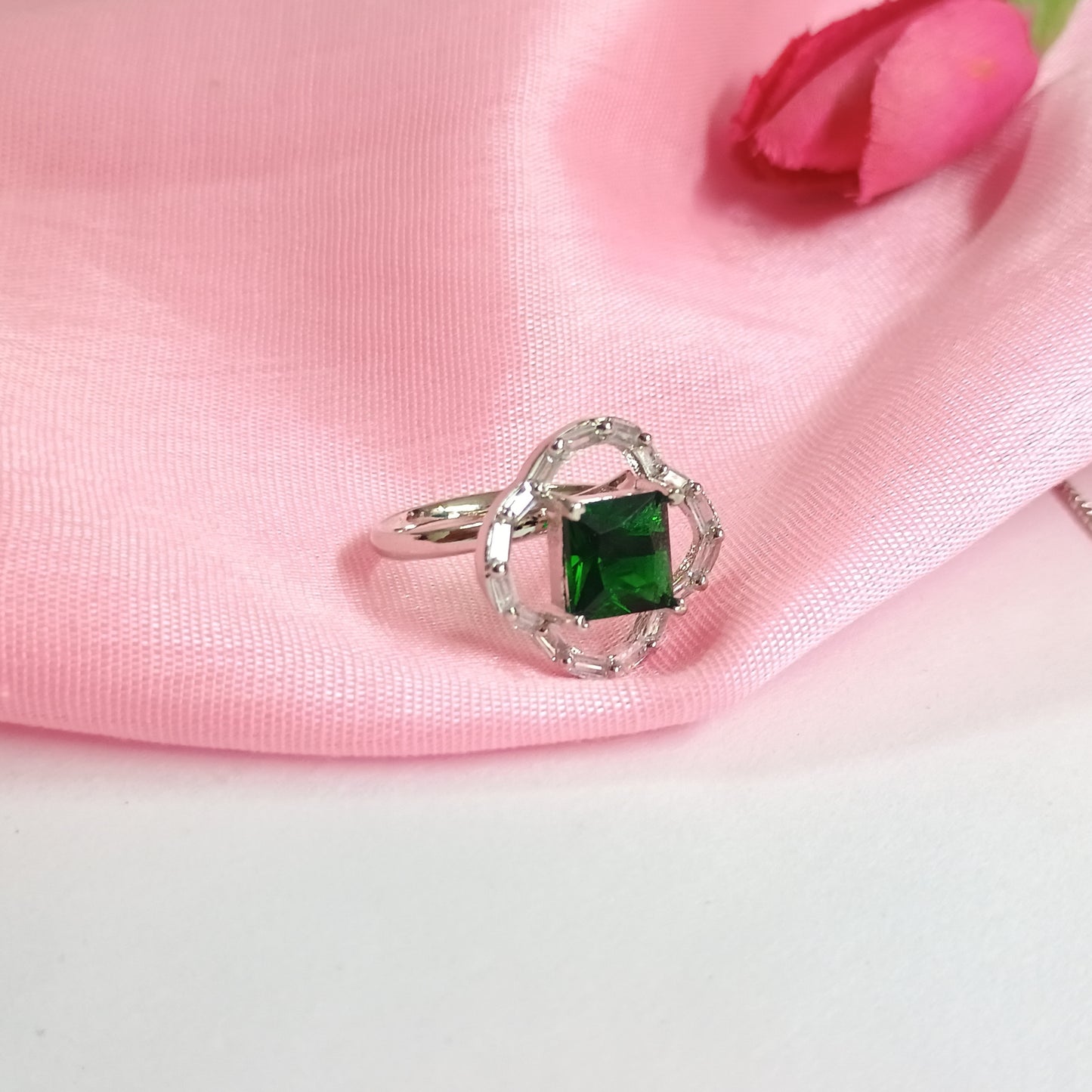 Emerald Silver Plated AD Pendent With Earrings and Ring