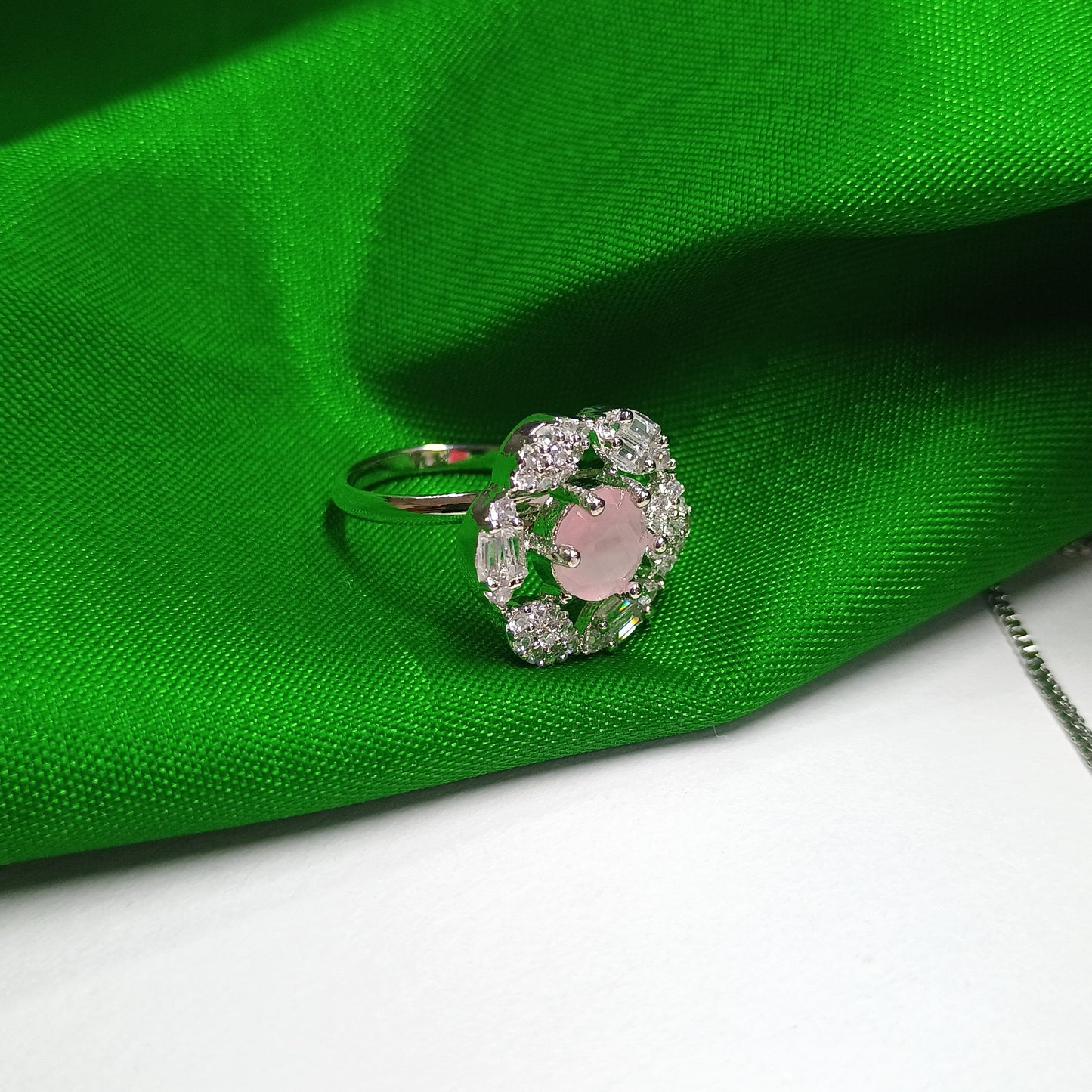 Pink Stone Silver Plated AD Pendent With Earrings and Ring