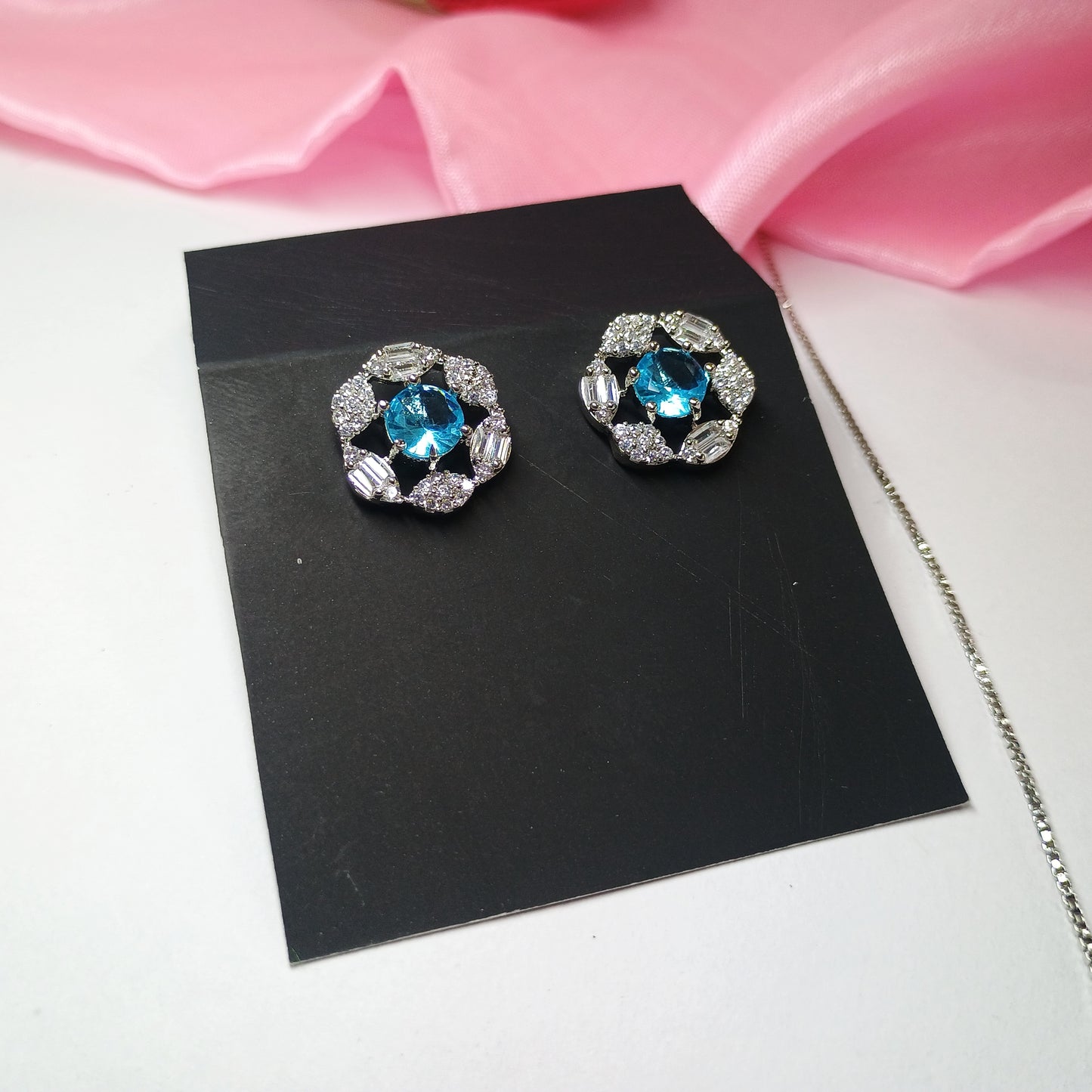 Blue Crystal Silver Plated AD Pendent with Earrings and Ring