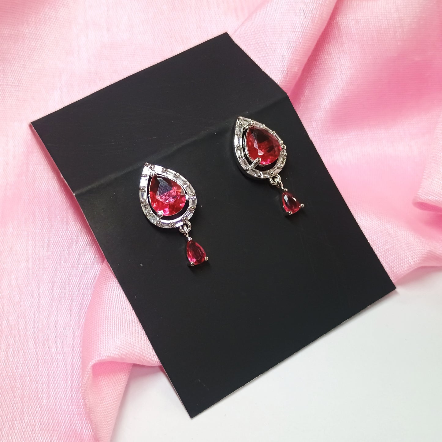 Silver Plated Ruby Pendent With Earrings