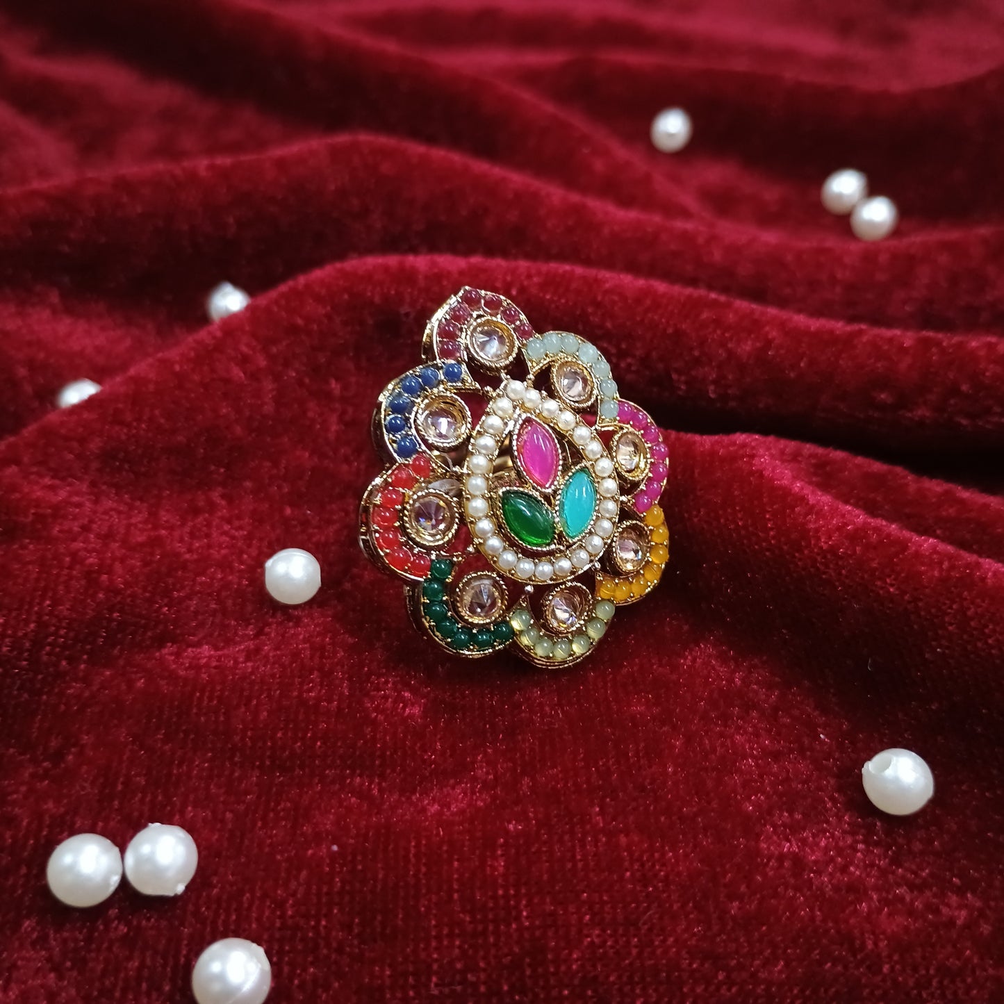 Multi-Color Gold Plated Kundan Ring