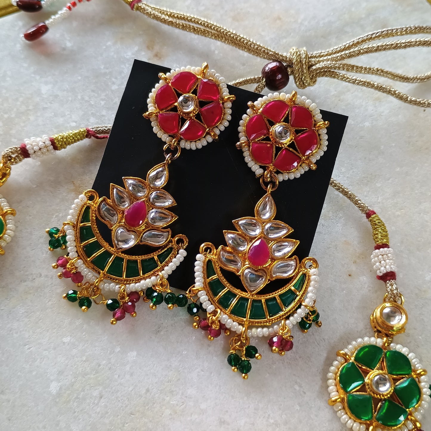 Gold Plated Green & Pink Jewellery Set