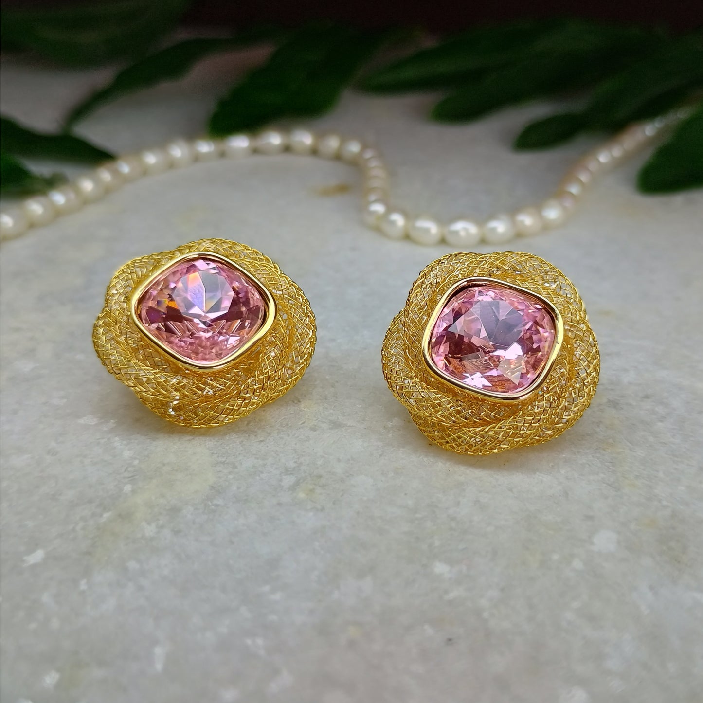 Gold Plated Wire Pink Crystal Studs
