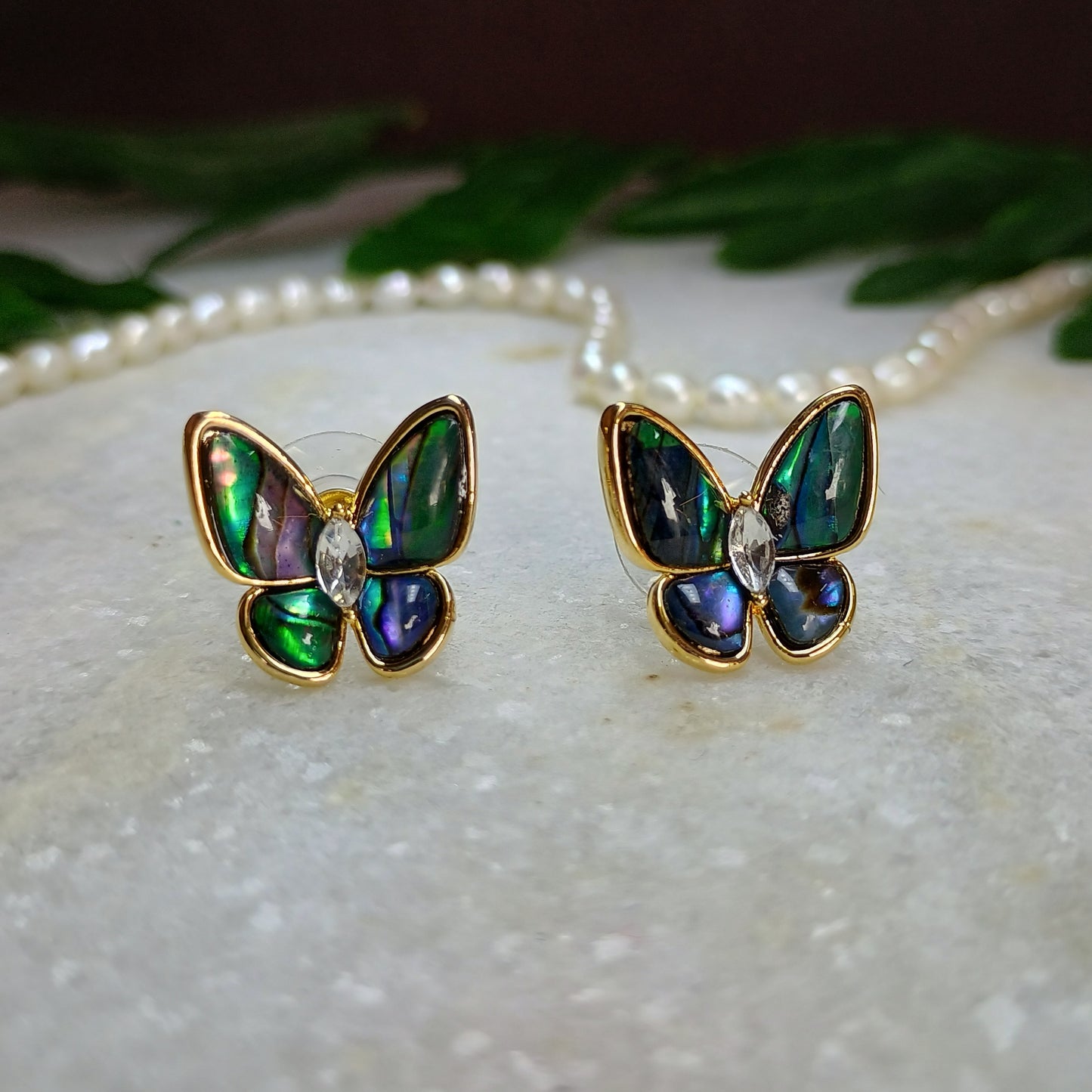 Blue-Green Gold Plated Butterfly Studs