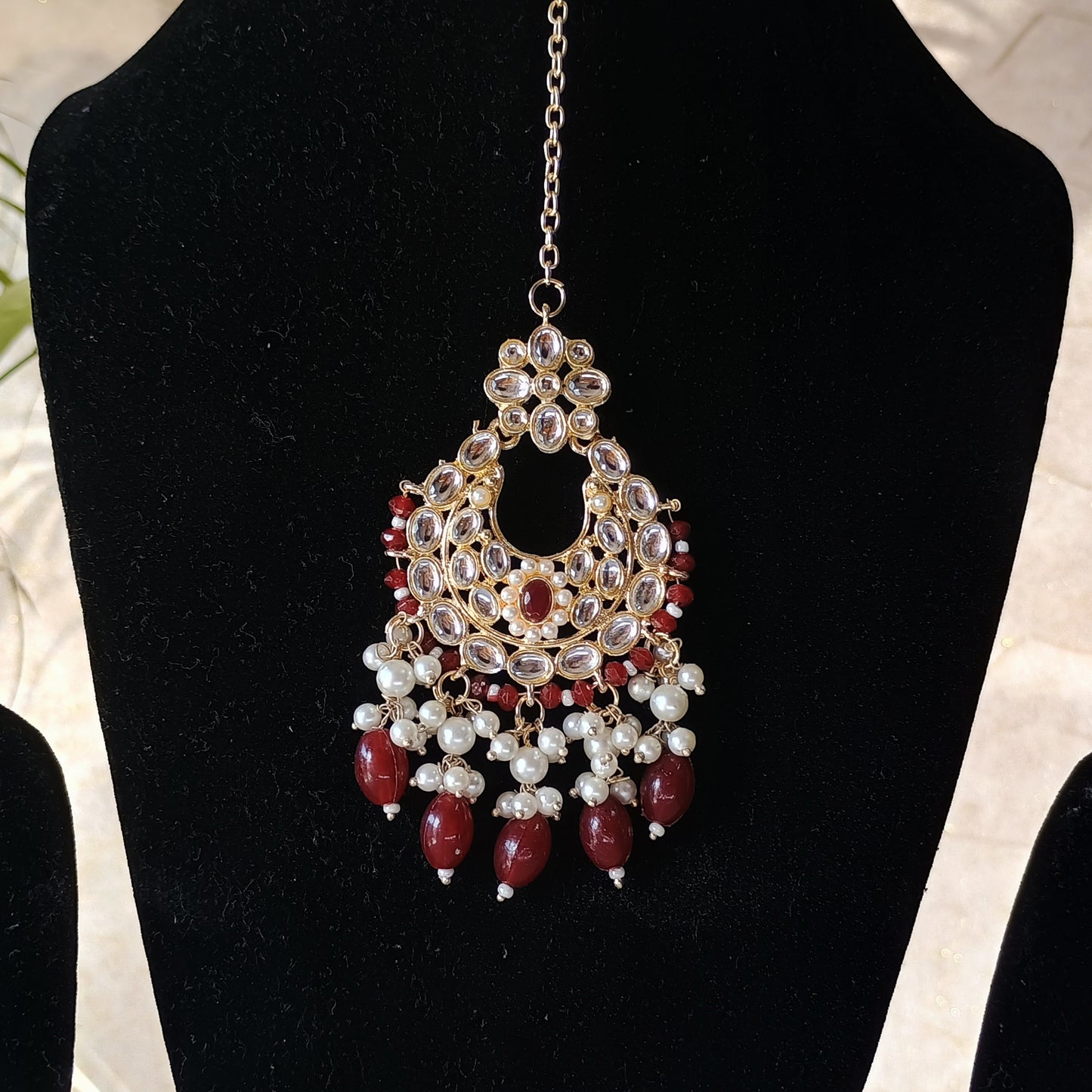 Dark Red Pearls Gold Plated Choker Set with Maangtika