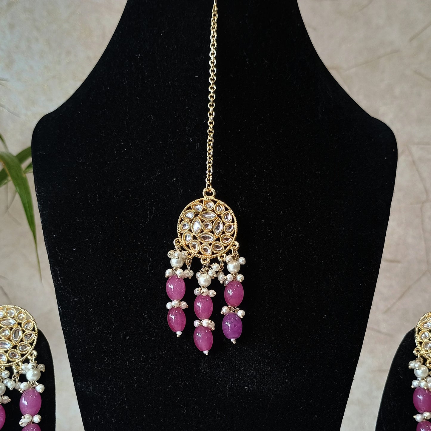 Pink Pearls Gold Plated Choker Set with Maangtika