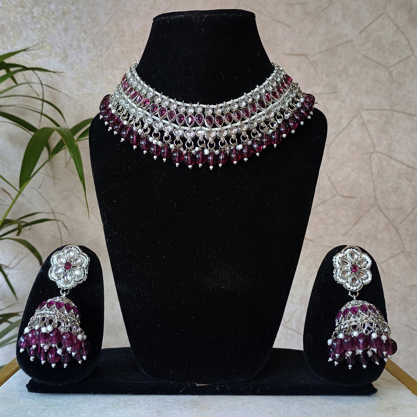 Dark Green Silver Plated Choker Set with Maangtika