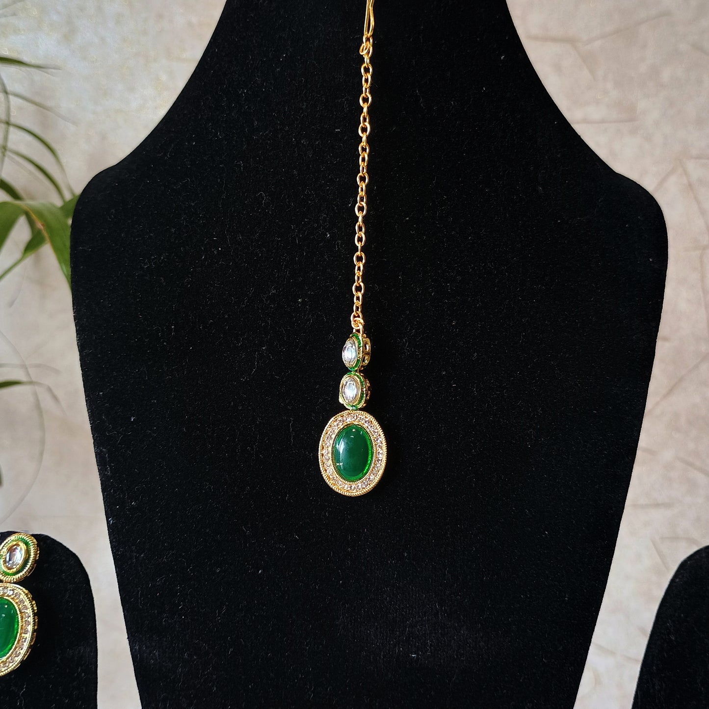 Gold Plated Green Stone Jewellery Set with Maangtika