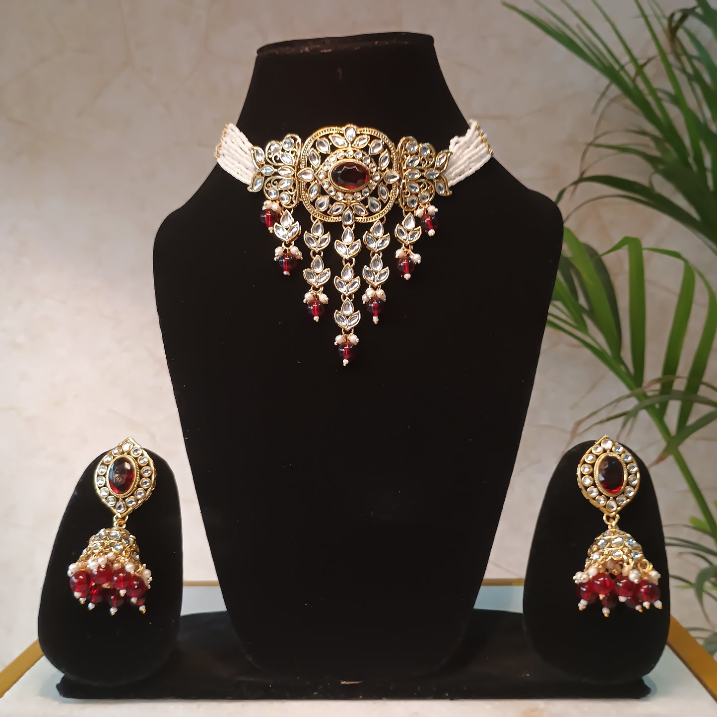 Elegant Ruby Stone Choker Set with Maangtika