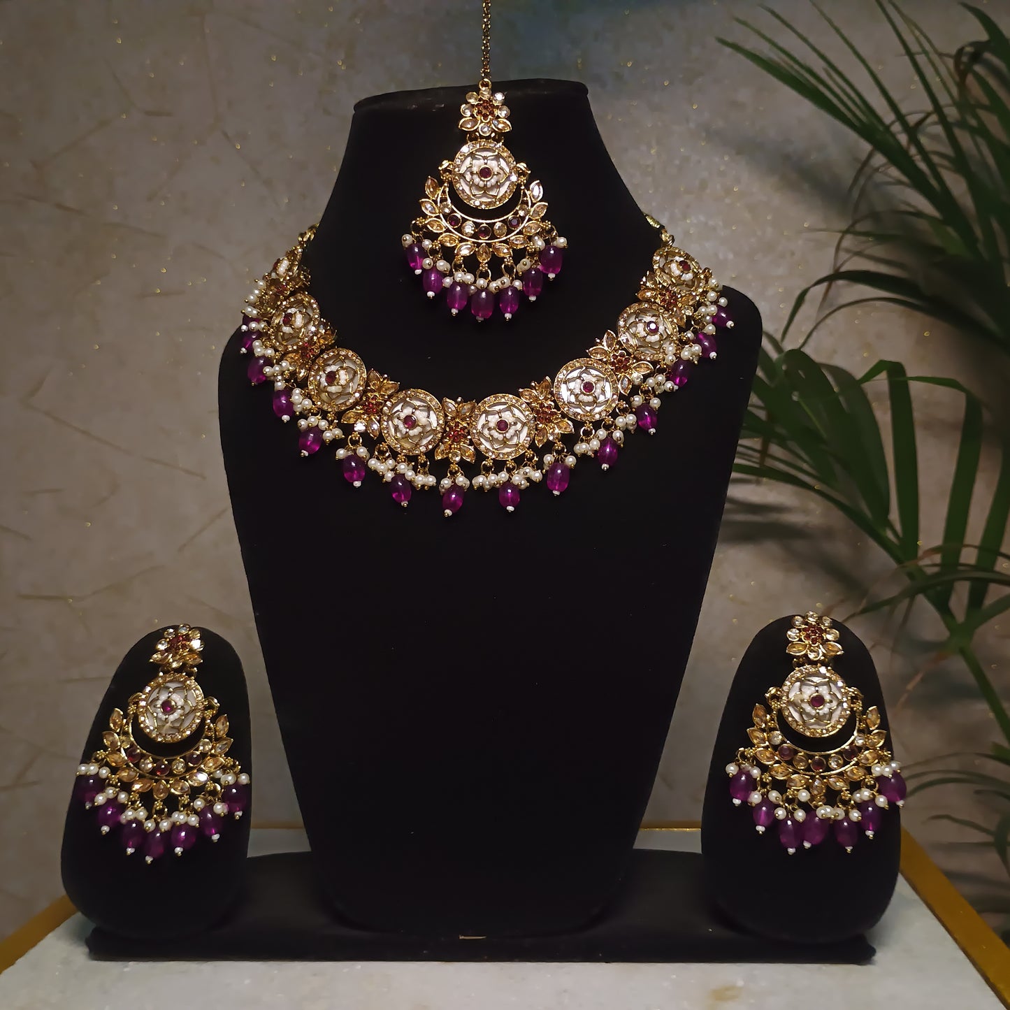 Antique Magenta Stone Jewellery Set with Maangtika