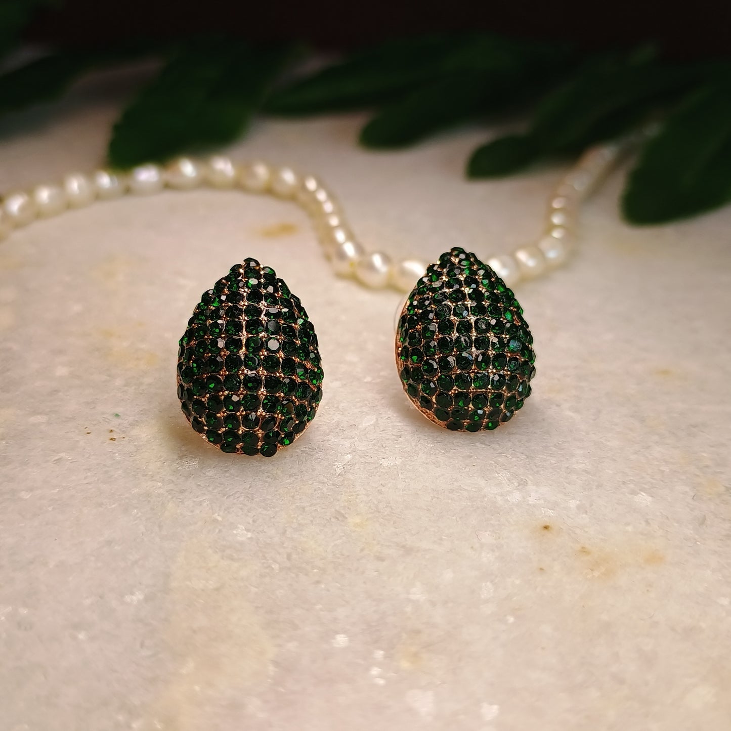 Dark Green Gold Plated Raindrop Studs