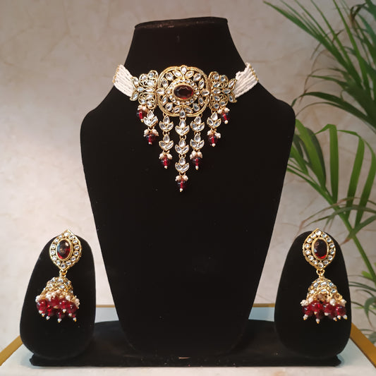 Elegant Ruby Stone Choker Set with Maangtika