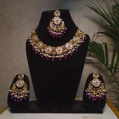 Antique Magenta Stone Jewellery Set with Maangtika