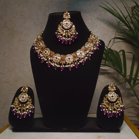 Antique Magenta Stone Jewellery Set with Maangtika