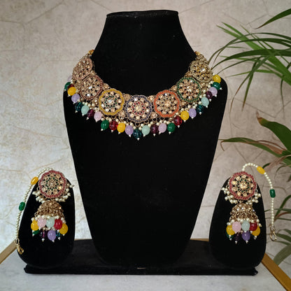 Antique Multicolor Choker Jewellery Set with Maangtika