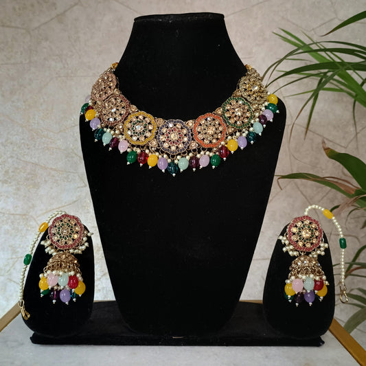 Antique Multicolor Choker Jewellery Set with Maangtika